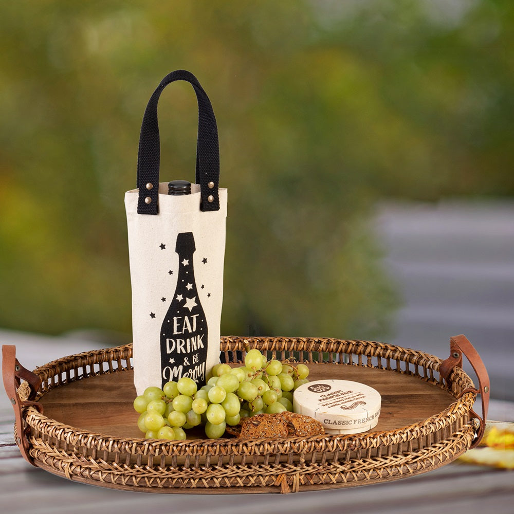 Elegant natural and black cotton wine carrier with sturdy handle, perfect for stylishly transporting wine bottles.