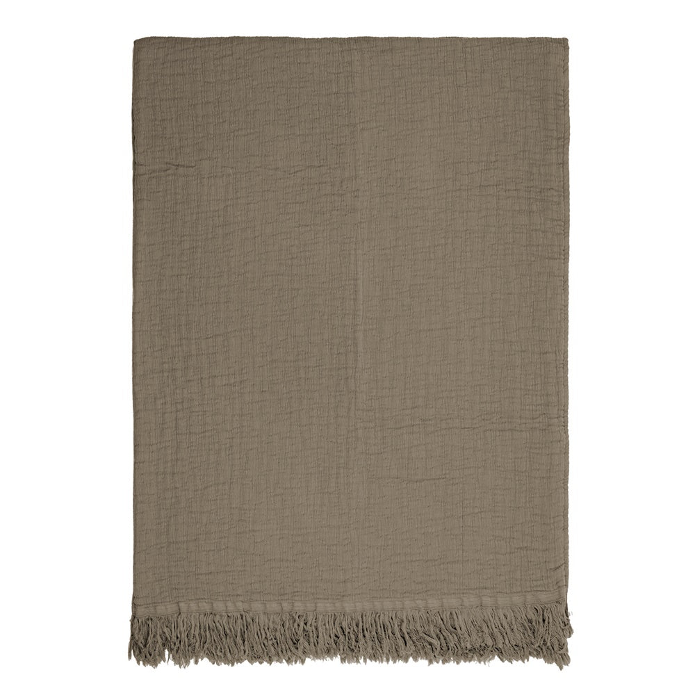 Cozy charcoal throw featuring a fringed edge, made of 100% cotton, measuring 140 x 160 cm, perfect for home decor.