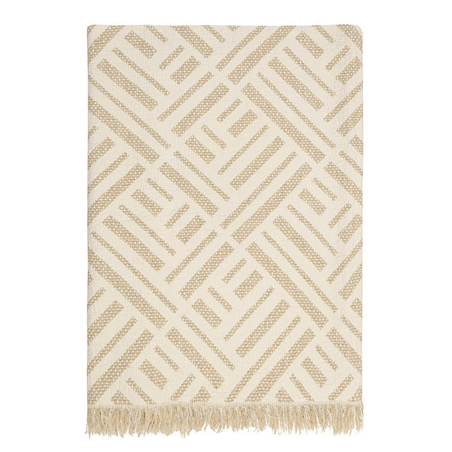 Linen blend Asher Throw with fringes in neutral tones, measuring 110 x 178 cm, perfect for beds or sofas.