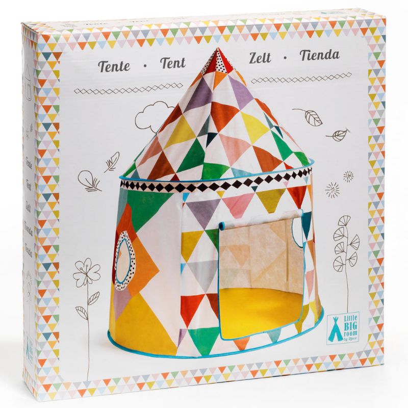 Multicoloured play tent for kids, featuring secure windows and a closing door for imaginative indoor/outdoor adventures.