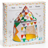 Multicoloured play tent for kids, featuring secure windows and a closing door for imaginative indoor/outdoor adventures.
