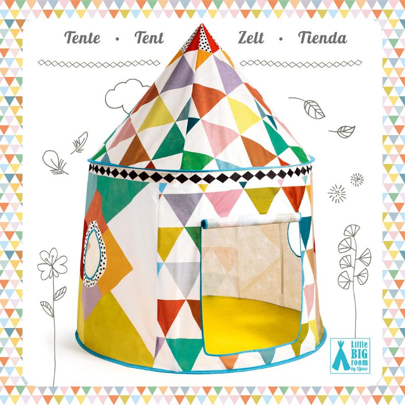 Vibrant multicoloured play tent with secure windows and door, perfect for imaginative indoor or outdoor play for kids.