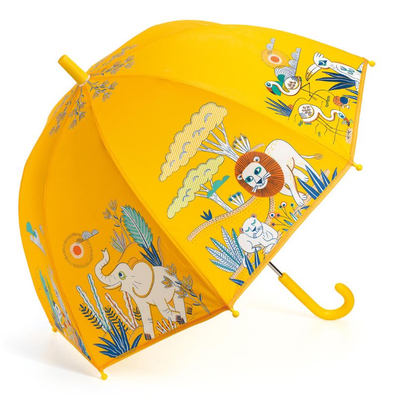 Chic children's umbrella with savannah design on soft yellow, safe manual opening, 68 cm diameter for rainy day fun.