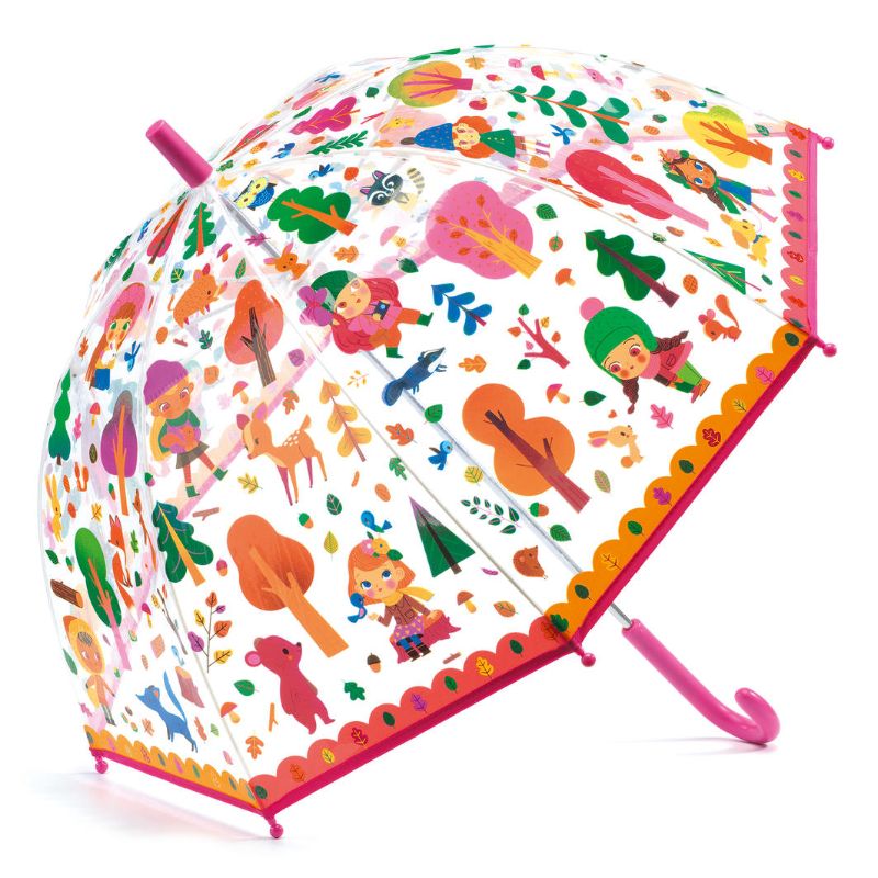 Vibrant forest-themed kids' umbrella with playful creatures, transparent canopy, and pinch-safe manual opening mechanism.