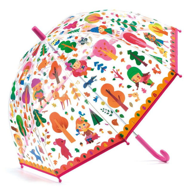 Vibrant forest-themed kids' umbrella with playful creatures, transparent canopy, and pinch-safe manual opening mechanism.