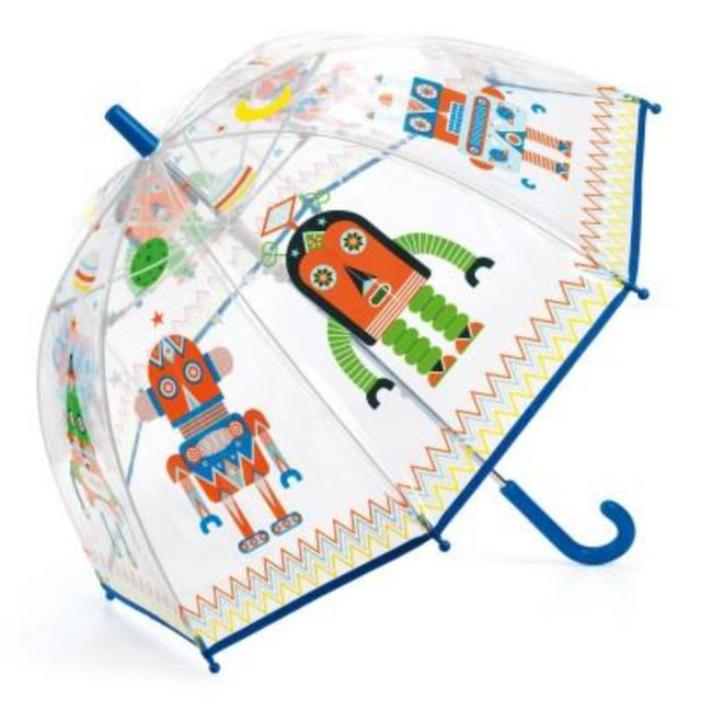 Colorful Robots Umbrella featuring funny robot illustrations, designed for kids with a transparent canopy and pinch-free opening.