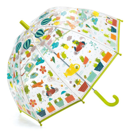 Colorful Froglets Umbrella with playful frog illustrations and a transparent design for child safety and fun in the rain.