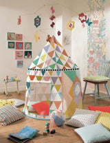 Multicoloured play tent for kids, featuring bright colors, windows, and a door for imaginative indoor or outdoor fun.