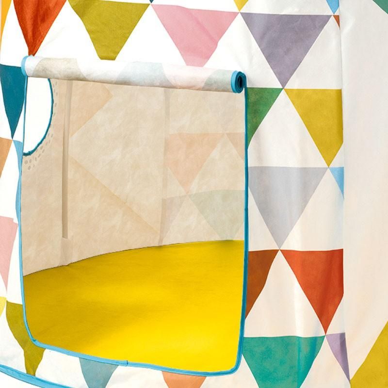 Vibrant multicoloured play tent for kids, featuring windows and a closing door, perfect for imaginative indoor and outdoor fun.