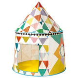 Vibrant multicoloured play tent for kids, featuring windows and a closing door for imaginative indoor or outdoor play.