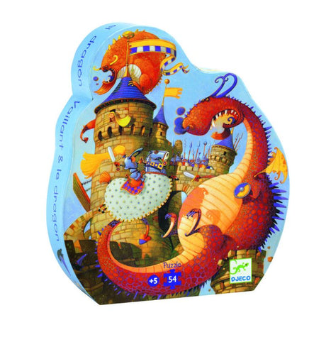 Colorful 54-piece puzzle depicting a heroic knight battling a fierce dragon, designed for children ages 5 and up.