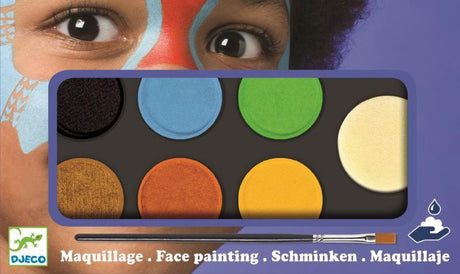 Vibrant face paint palette featuring nature-inspired colors, perfect for artists of all ages and occasions.