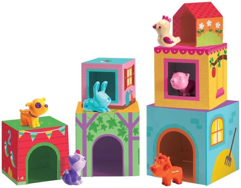 Colorful infant block set with six soft cubes and animal figures for imaginative play and motor skill development.