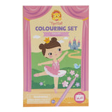 Ballet-themed colouring set with 48 illustrations, 10 markers, 5 sticker sheets, and storage drawers for creative play.