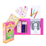 Colouring set featuring 48 ballet-themed pages, 10 markers, and 5 sticker sheets for creative kids aged 3 and up.