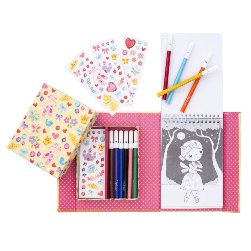 Colouring set featuring ballet illustrations, includes 48 pages, 10 markers, 5 sticker sheets, and storage drawers for creative play.