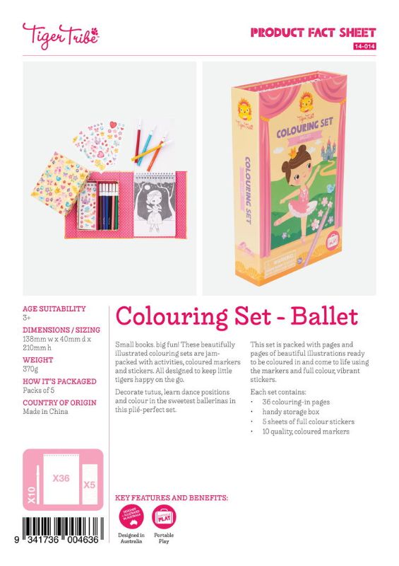 Ballet-themed colouring set with 48 pages, 10 markers, and stickers for creative kids aged 3+, featuring elegant ballerina illustrations.