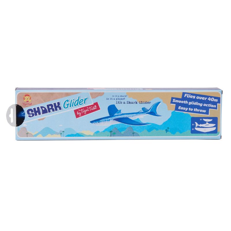 Lightweight foam glider shaped like a shark, designed for kids 3+, glides over 40m with easy assembly and durability.