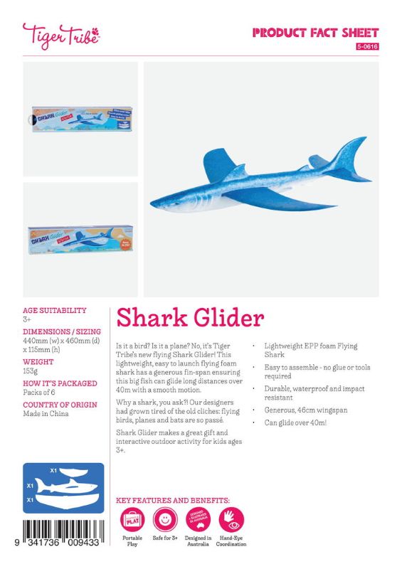 Lightweight foam Flying Shark glider with 46cm wingspan, designed for kids 3+, offers 40m gliding fun and easy assembly.