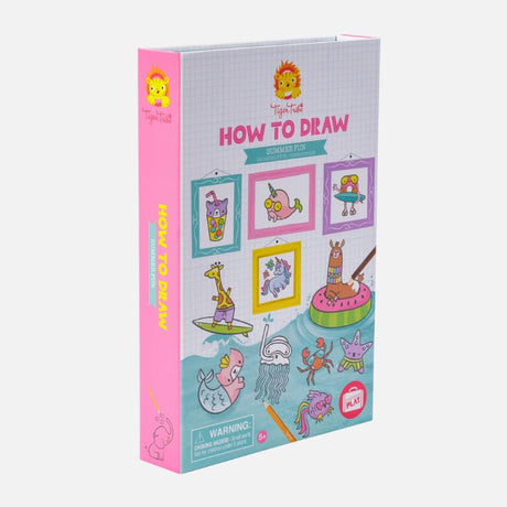 Colorful drawing kit for kids featuring markers, sketch pads, and guides to create vibrant summer-themed art.