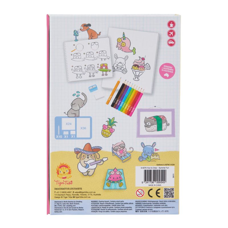 "Art kit for kids featuring markers, sketch pads, and guides to create summer-themed drawings."