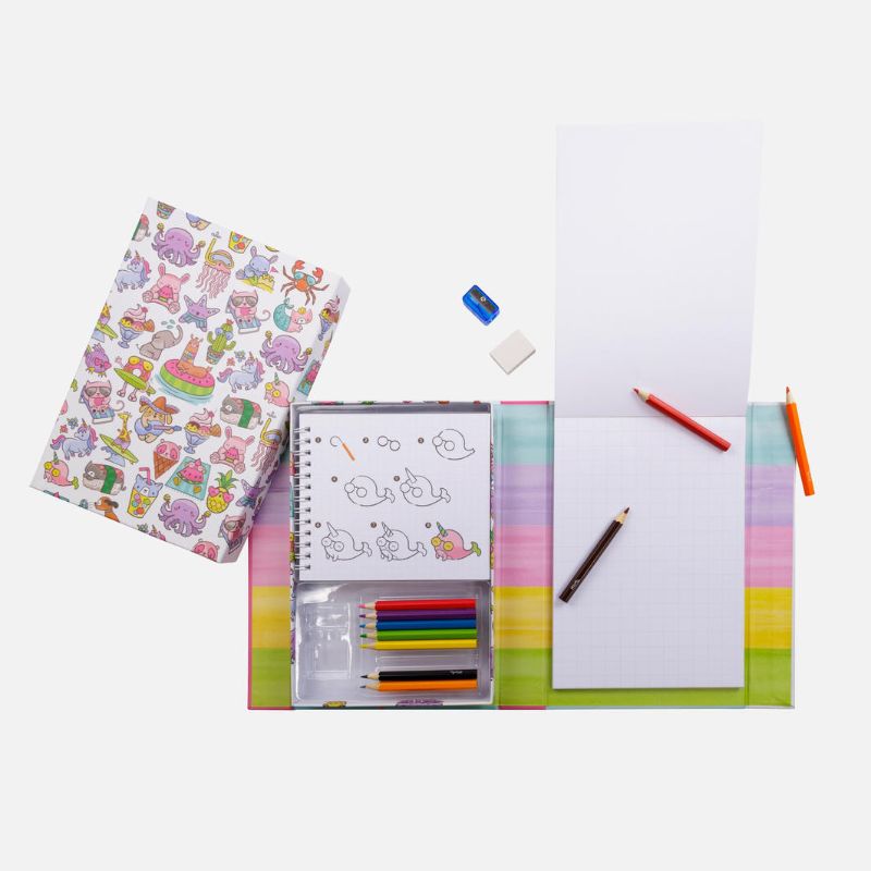All-in-one drawing kit for kids featuring markers, sketch pads, and guides to inspire summer-themed creativity.