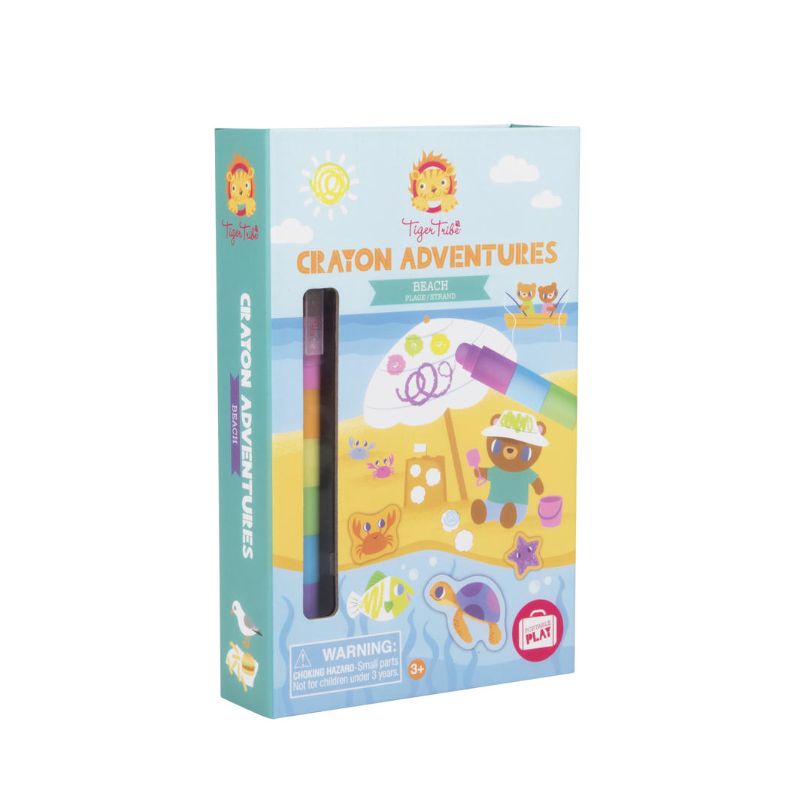 Vibrant Crayon Adventures Art Kit by Tiger Tribe, featuring neon twistable crayons, activity book, and colorful stickers for creative play.