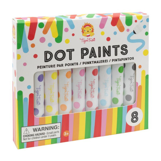 Colorful dot paint pots from Tiger Tribe for children, promoting creativity and fine motor skills through fun art projects.