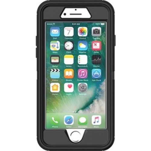 OtterBox Defender Carrying Case for iPhone 7 & 8 in black, offers rugged protection with holster, impact-absorbing design, and belt clip.