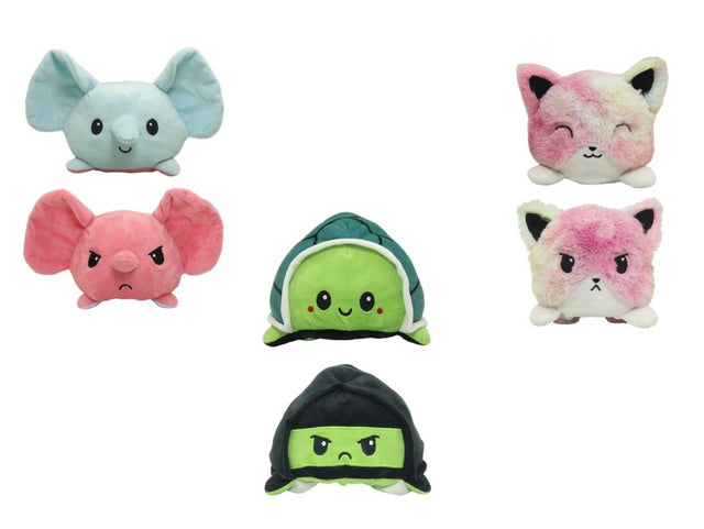 Set of 3 plush reversible animals, featuring happy and angry faces, perfect for imaginative play and emotional expression.