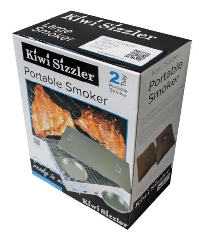Stainless steel Kiwi Sizzler Large Smoker with two racks for easy outdoor smoking of meats, seafood, and veggies.