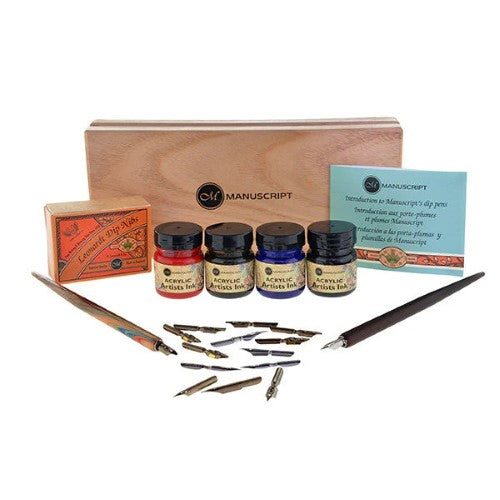 Elegant wooden calligraphy set featuring 12 nibs, 2 penholders, and 4 ink colors for aspiring artists.