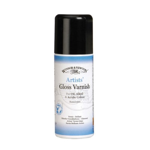 Glossy varnish aerosol for oil paintings, offering durable protection and easy application with removable formula.