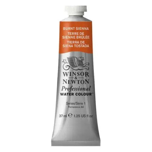 Winsor & Newton 37ml Burnt Sienna S1 watercolor paint, featuring rich earth tones, exceptional transparency, and lightfastness.