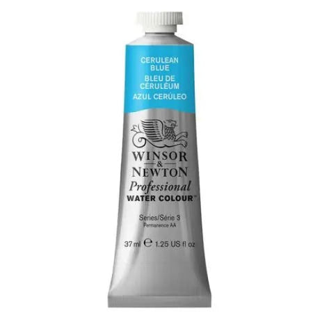 Cerulean Blue Winsor & Newton watercolour in 37ml tube, known for its brilliance, permanence, and unrivalled transparency.