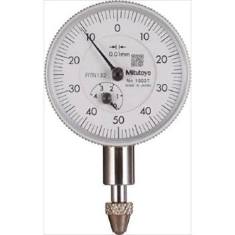 Mitutoyo Dial Indicator with 4mm travel and 0.01mm graduations, compact design for precise measurements in tight spaces.