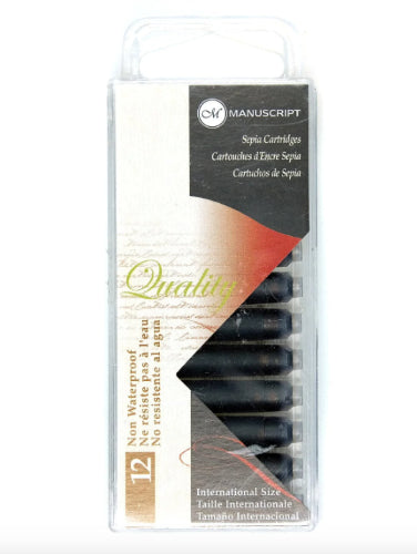 Set of 12 black ink cartridges for fountain pens, ensuring smooth, consistent ink flow for writers and artists.