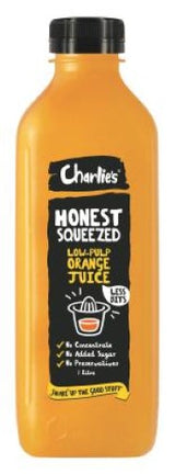 Carton of Charlie's Low Pulp Orange Juice, 1L, showcasing vibrant citrus flavor and natural sweetness from hand-picked oranges.