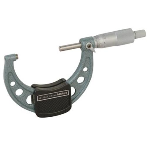 Mitutoyo Outside Micrometer 100-125mm, durable with carbide faces, ratchet thimble for precise external measurements.