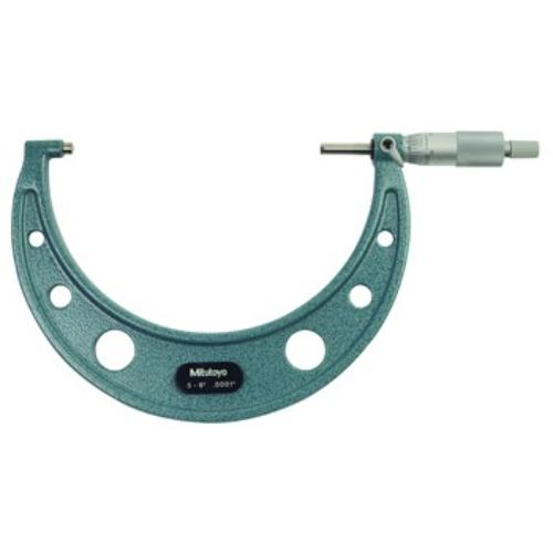 Mitutoyo 5-6" outside micrometer with ratchet stop, baked enamel finish, for precise and durable measurements.