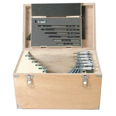 Mitutoyo Outside Micrometer Set (150-300mm) featuring durable frames, carbide faces, and precise measurement accuracy.