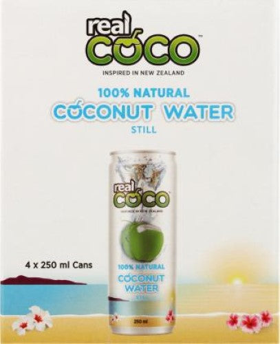 Six-pack of Water Coconut Natural 250ml cans by real Coco, made with pure coconut water for hydration and electrolytes.