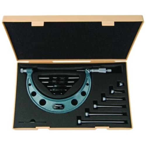 Mitutoyo Outside Micrometer Set 0-150mm with interchangeable anvils, ratchet stop, and durable carbide measuring faces.