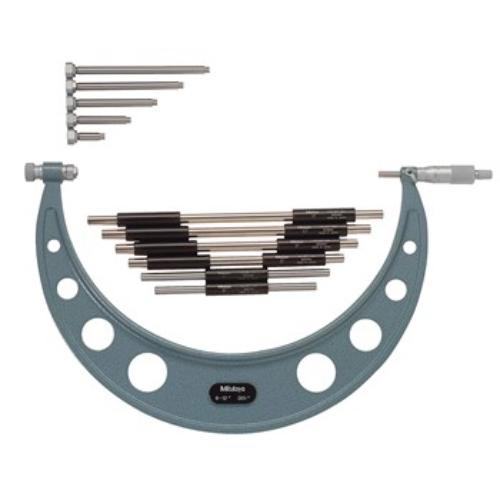 Mitutoyo Outside Micrometer Set with interchangeable anvils, measures 6-12 inches, resolution of .001 inches, for precise external measurements.