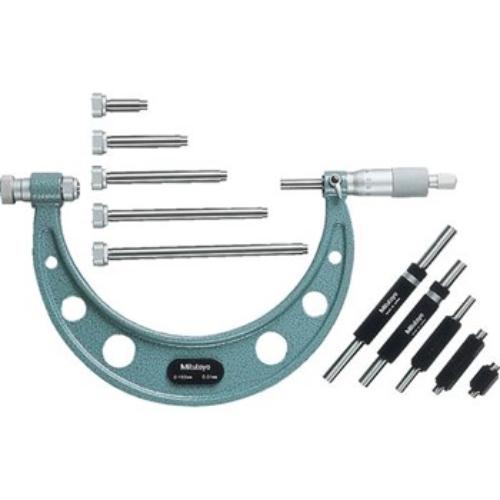 Mitutoyo Outside Micrometer Set with interchangeable anvils, ergonomic design, and carbide measuring faces for precise measurements.