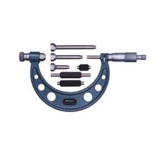 Mitutoyo Outside Micrometer Set 0-4", featuring interchangeable anvils, ratchet stop, and durable baked enamel frame.