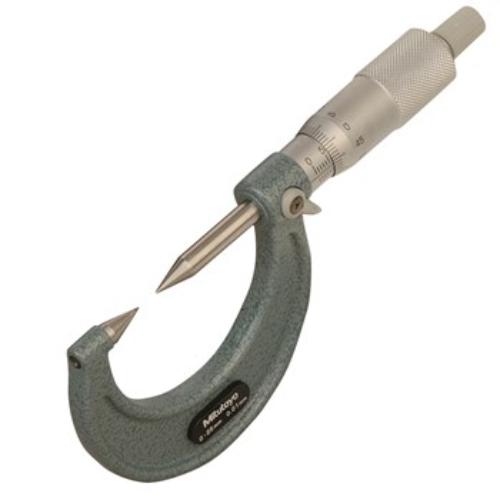 Mitutoyo point micrometer with 0-25mm capacity, 30-degree points for precise measurements of small grooves and dimensions.