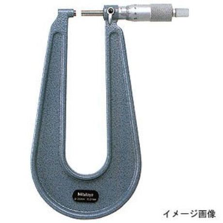 Precision Mitutoyo Sheetmetal Micrometer with 0-25mm range, 0.01mm graduations, and 150mm throat depth for accurate measurements.