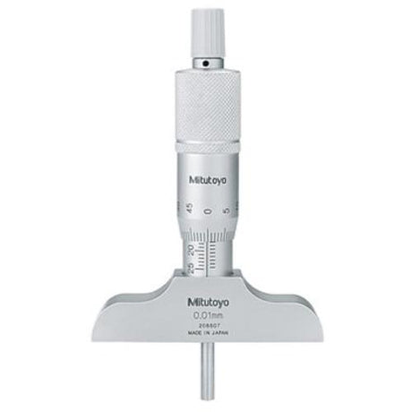 Mitutoyo depth micrometer 0-25mm with 63mm base, features ratchet stop, 4mm face, and 0.01mm graduations for precision measurements.