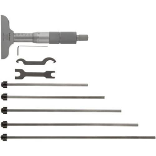 Mitutoyo Depth Micrometer with 0-100mm range, 63mm base, ratchet stop, and 4 interchangeable rods for precise measurements.